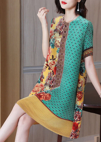 Simple Green Yellow O-neck Wrinkled Print Silk Holiday Dress Short Sleeve