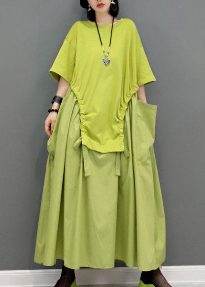 Simple Green Pockets O-neck Patchwork Maxi Dress Short Sleeve