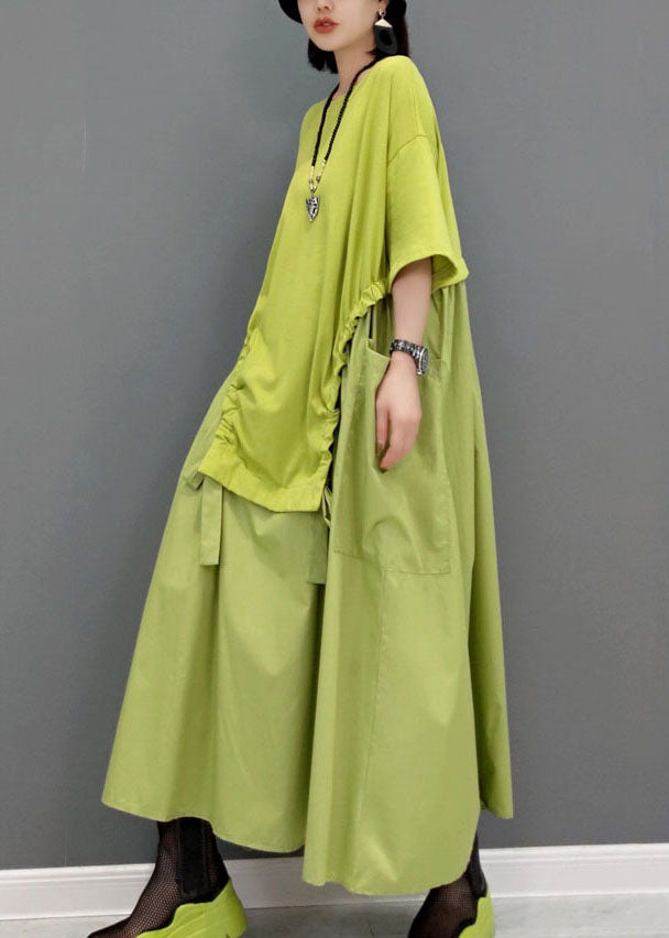 Simple Green Pockets O-neck Patchwork Maxi Dress Short Sleeve