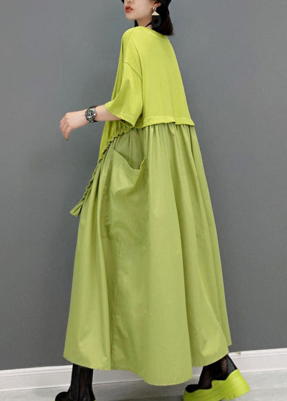 Simple Green Pockets O-neck Patchwork Maxi Dress Short Sleeve