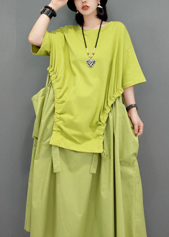 Simple Green Pockets O-neck Patchwork Maxi Dress Short Sleeve