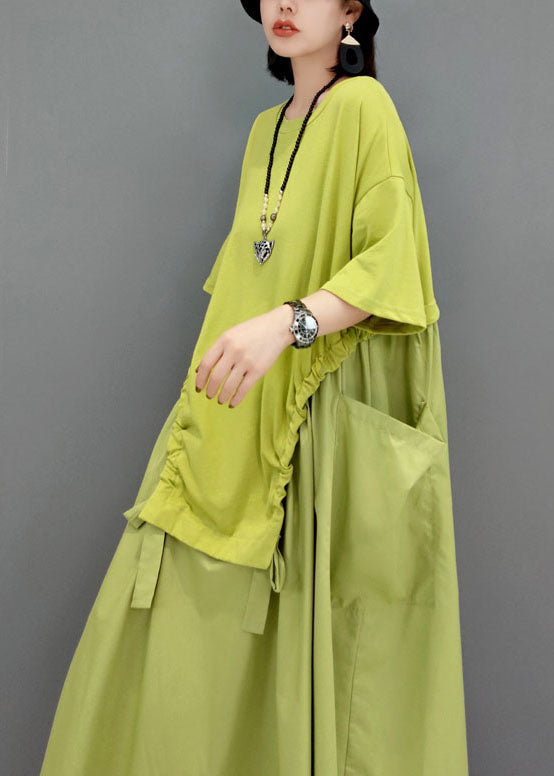 Simple Green Pockets O-neck Patchwork Maxi Dress Short Sleeve
