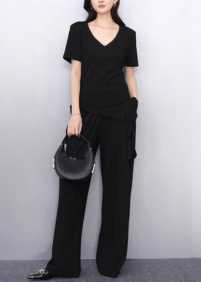 Simple Grey Asymmetrical T Shirts and Wide Leg Pants Cotton Two Piece Set Summer
