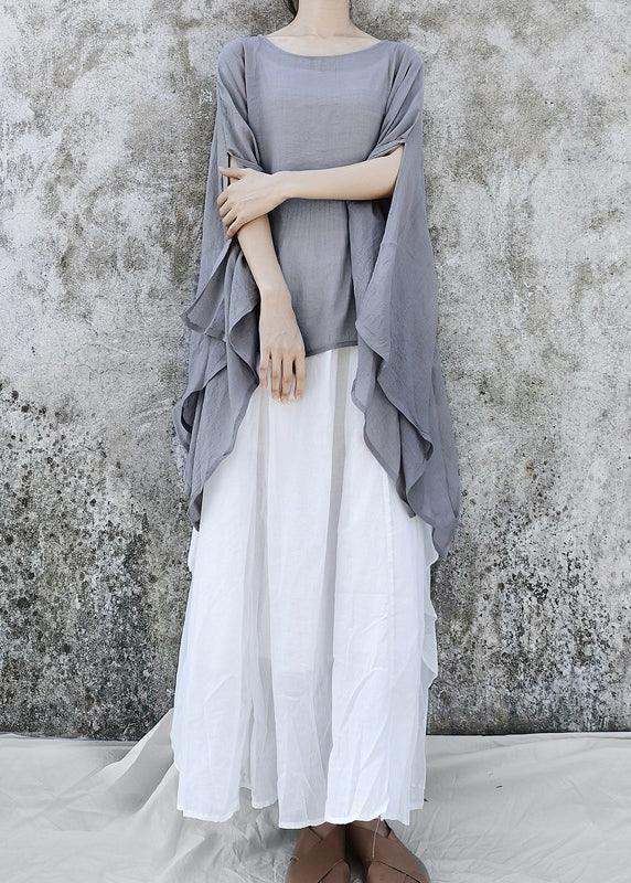 Simple Grey Asymmetrical Design Linen Tops Batwing Sleeve