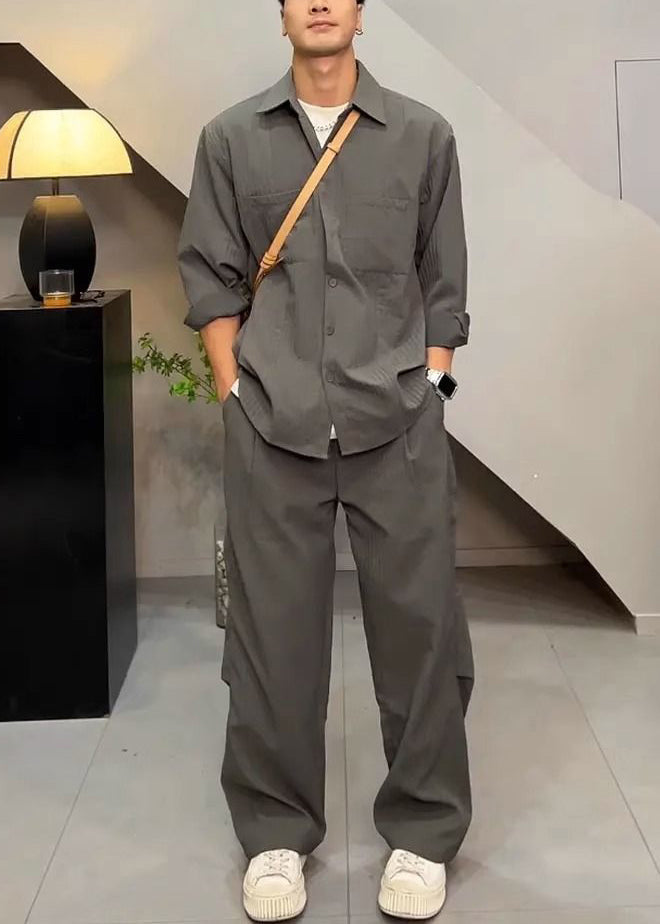 Simple Grey Button Shirts and Pants Cotton Two Piece Set Fall