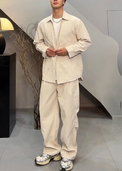 Simple Grey Button Shirts and Pants Cotton Two Piece Set Fall