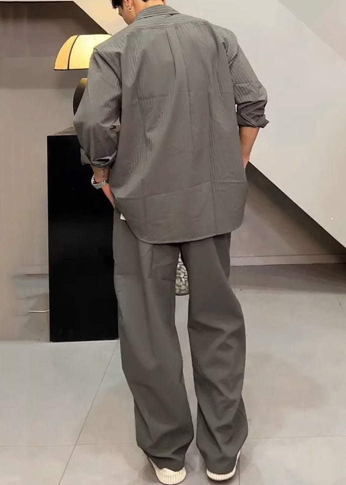 Simple Grey Button Shirts and Pants Cotton Two Piece Set Fall