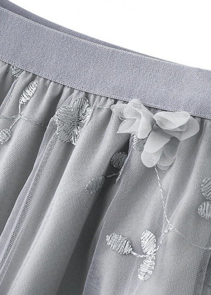 Simple Grey Embroideried Elastic Waist Tulle a Line Skirts Spring