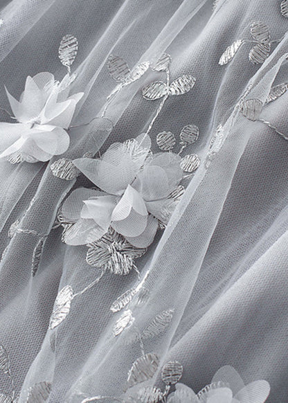 Simple Grey Embroideried Elastic Waist Tulle a Line Skirts Spring
