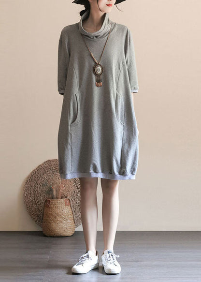 Simple Grey Hign Neck Pockets Patchwork Cotton Dress Summer