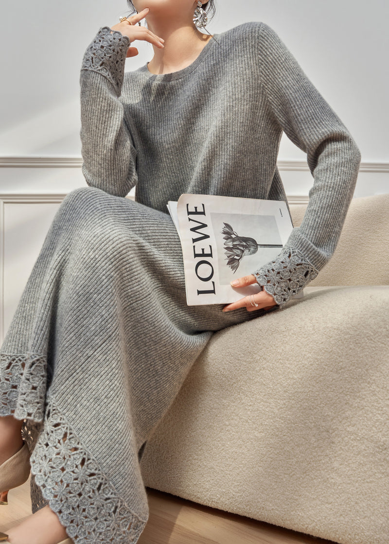Simple Grey Hollow Out Sweaters and Skirts Knit Two Pieces Set Winter