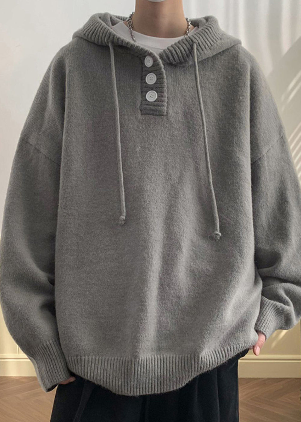 Simple Grey Hooded Button Knit Sweaters Winter