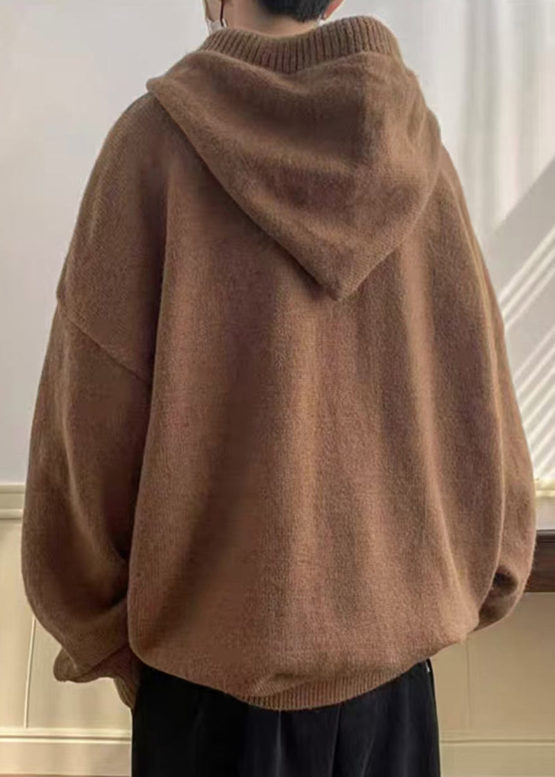 Simple Grey Hooded Button Knit Sweaters Winter