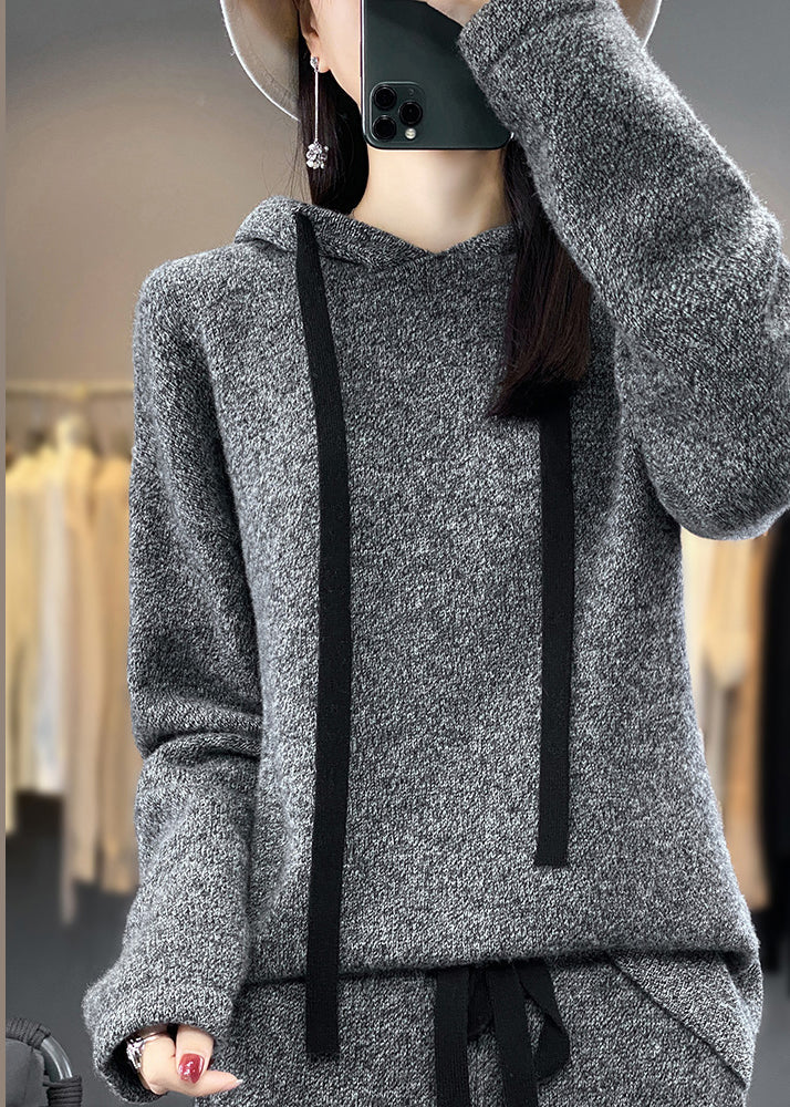 Simple Grey Hooded Pockets Woolen Two-piece Set Winter
