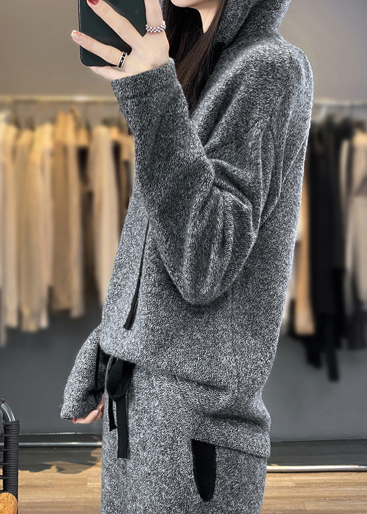 Simple Grey Hooded Pockets Woolen Two-piece Set Winter