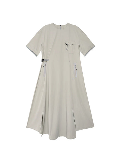 Simple Grey Khaki O Neck Pockets Patchwork Dress Summer