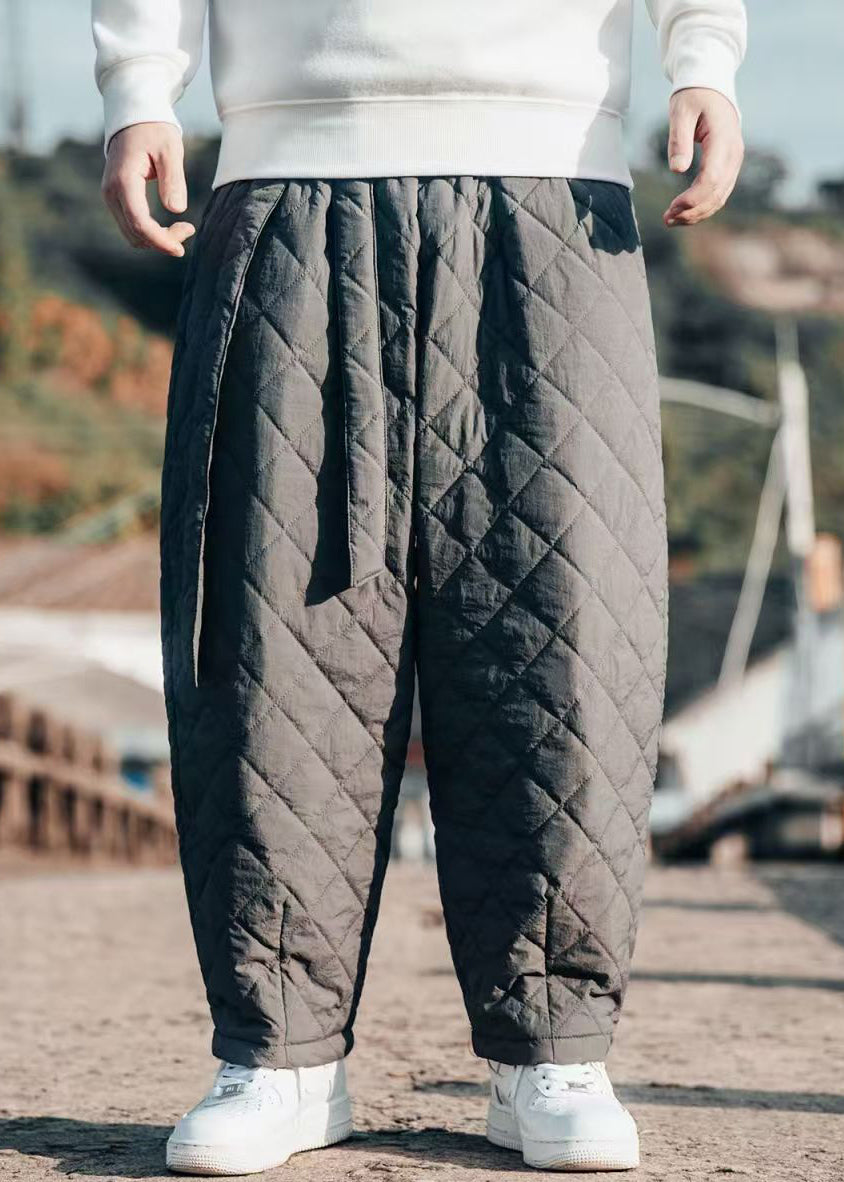 Simple Grey Lace Up Elastic Waist Cotton Filled Crop Pants Winter