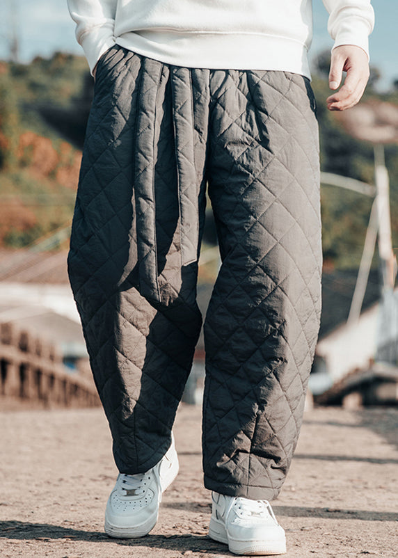 Simple Grey Lace Up Elastic Waist Cotton Filled Crop Pants Winter