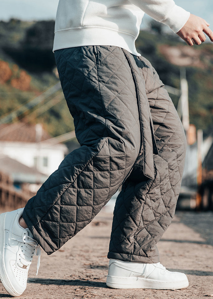 Simple Grey Lace Up Elastic Waist Cotton Filled Crop Pants Winter