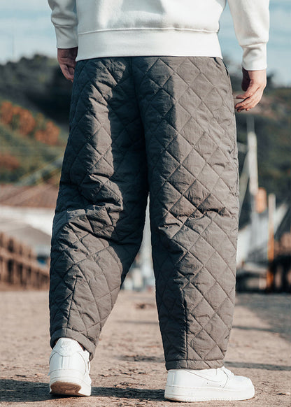 Simple Grey Lace Up Elastic Waist Cotton Filled Crop Pants Winter
