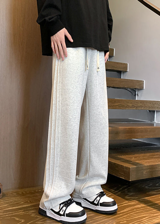 Simple Grey Lace Up Elastic Waist Warm Fleece Pants Spring