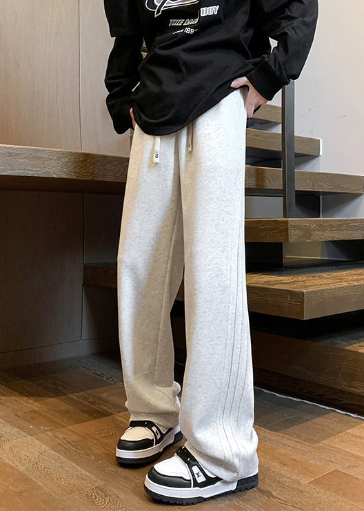 Simple Grey Lace Up Elastic Waist Warm Fleece Pants Spring