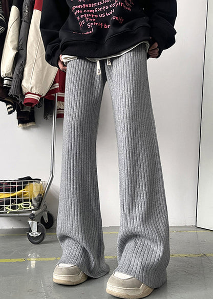 Simple Grey Lace Up Warm Fleece Flare Bottoms Pants Spring