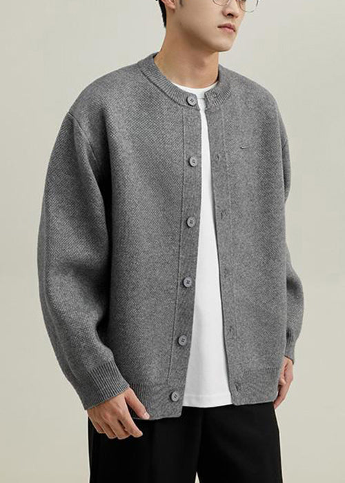 Simple Grey O Neck Button Knit Coats Spring