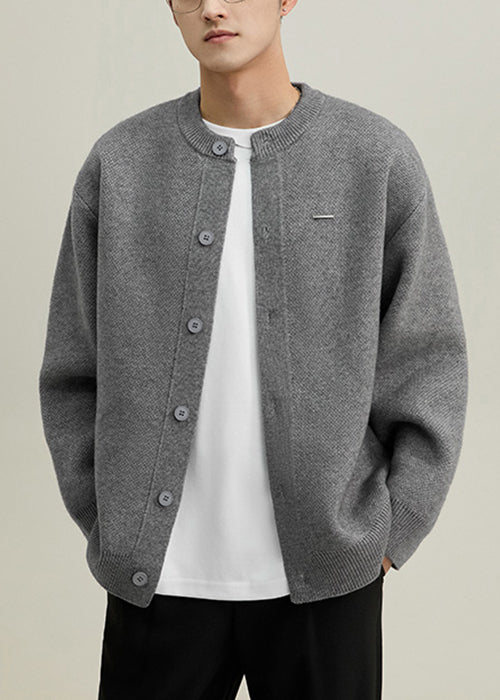Simple Grey O Neck Button Knit Coats Spring