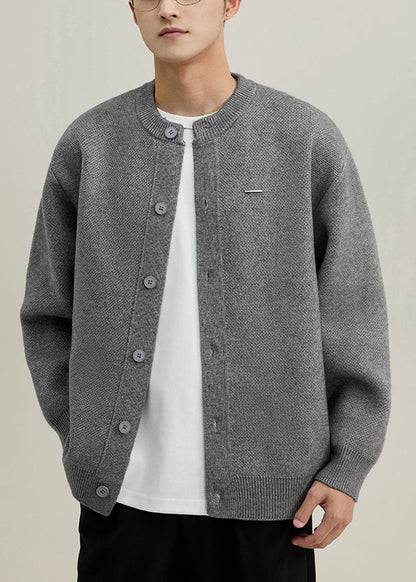 Simple Grey O Neck Button Knit Coats Spring