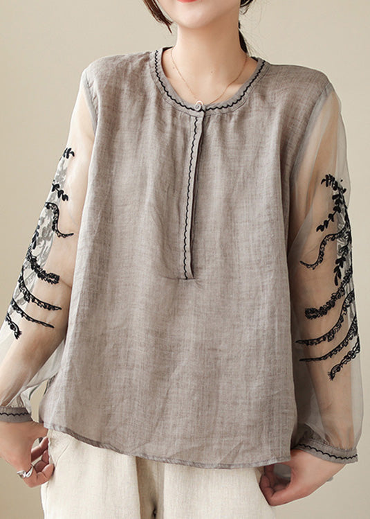 Simple Grey O-neck Embroideried Linen Top Spring
