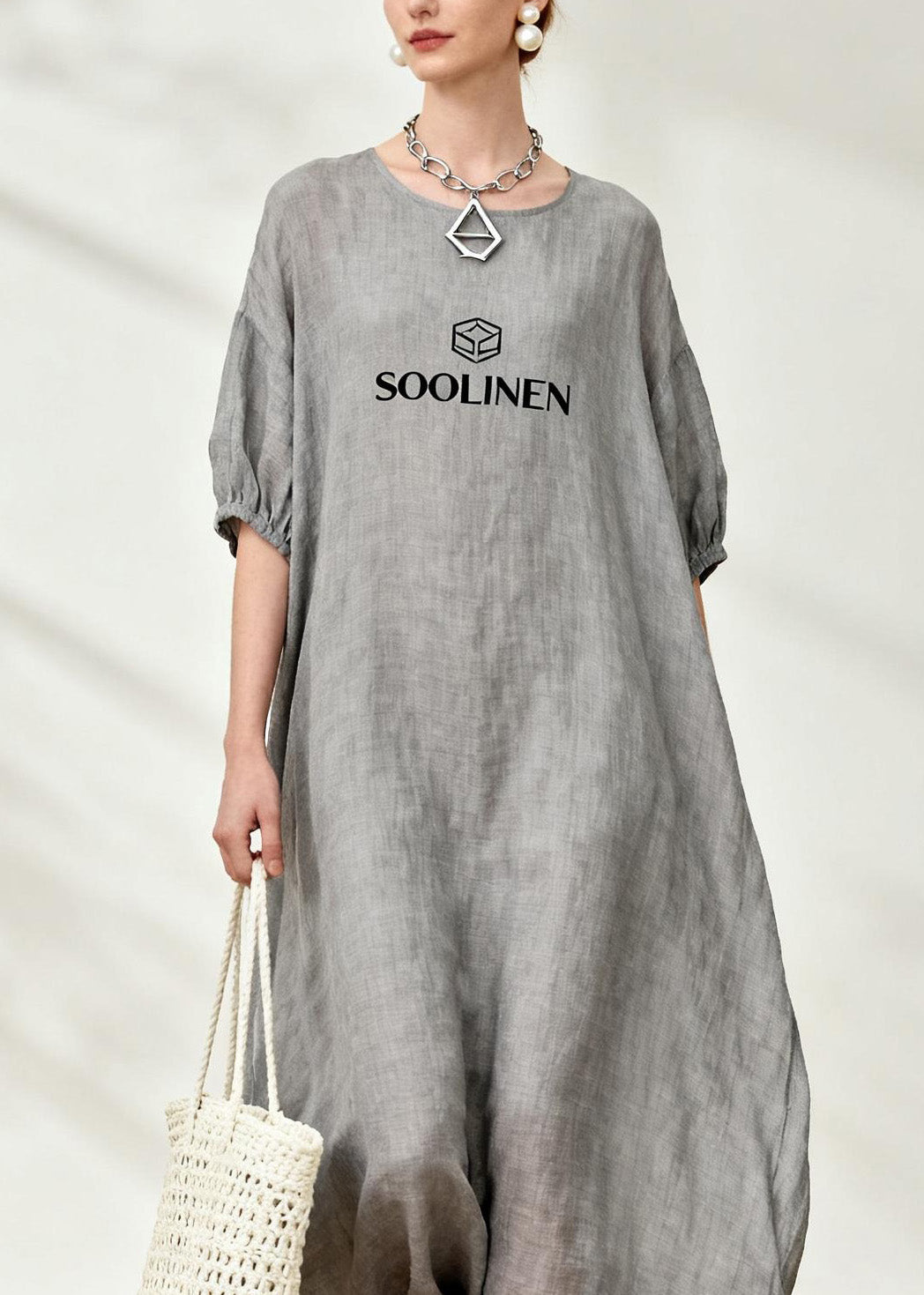 Simple Grey O Neck Graphic Linen Maxi Dresses Summer