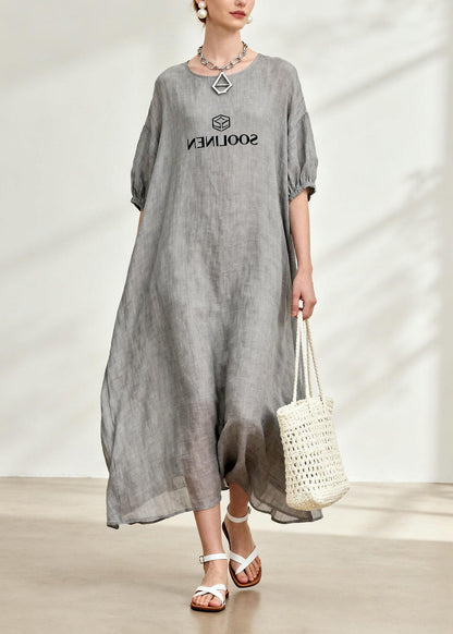 Simple Grey O Neck Graphic Linen Maxi Dresses Summer
