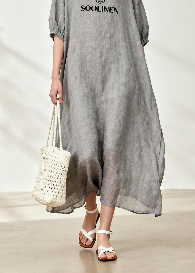 Simple Grey O Neck Graphic Linen Maxi Dresses Summer
