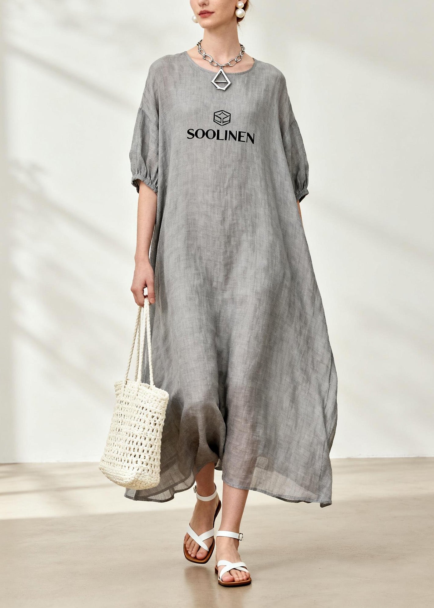 Simple Grey O Neck Graphic Linen Maxi Dresses Summer