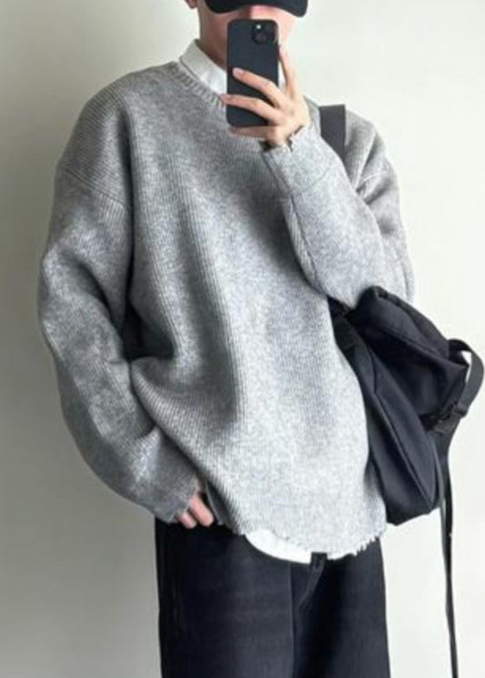 Simple Grey O Neck Hole Knit Sweaters Spring