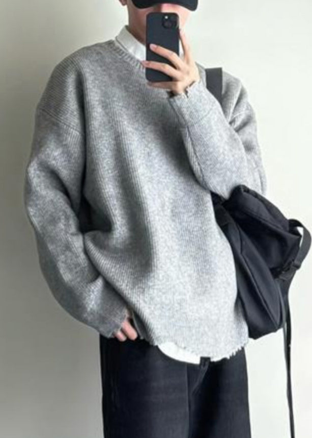 Simple Grey O Neck Hole Knit Sweaters Spring