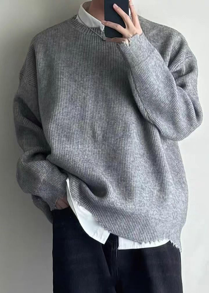 Simple Grey O Neck Hole Knit Sweaters Spring