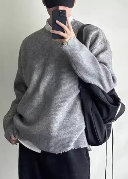 Simple Grey O Neck Hole Knit Sweaters Spring