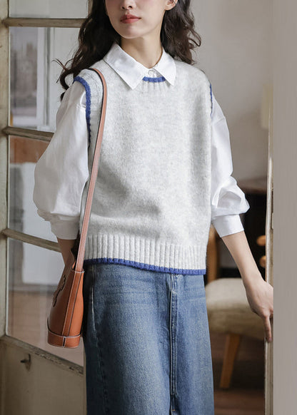 Simple Grey O Neck Cozy Cotton Knit Waistcoat Sleeveless