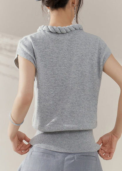 Simple Grey O Neck Cable Knit Sweater Summer