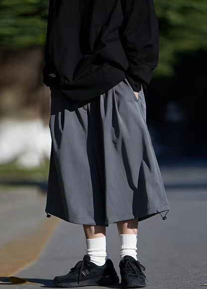 Simple Grey Pockets Drawstring Ice Silk Crop Pants Summer