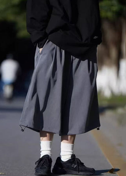 Simple Grey Pockets Drawstring Ice Silk Crop Pants Summer