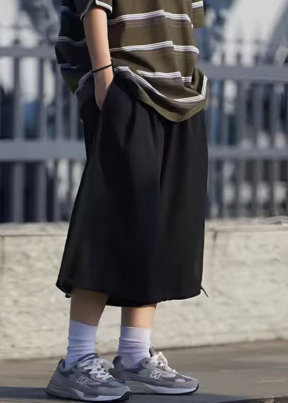 Simple Grey Pockets Drawstring Ice Silk Crop Pants Summer