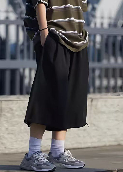 Simple Grey Pockets Drawstring Ice Silk Crop Pants Summer