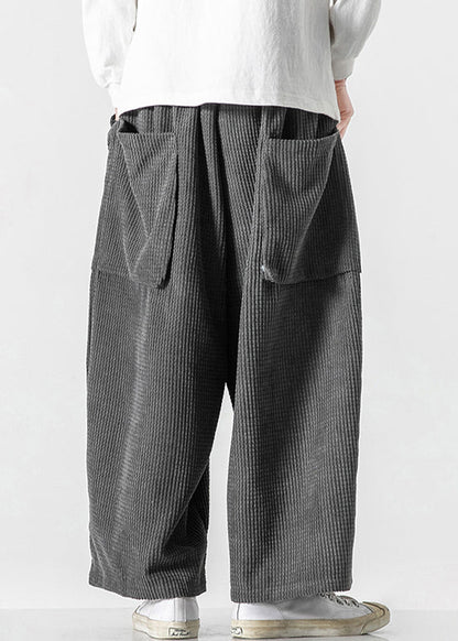 Simple Grey Pockets Elastic Waist Corduroy Wide Leg Pants Fall