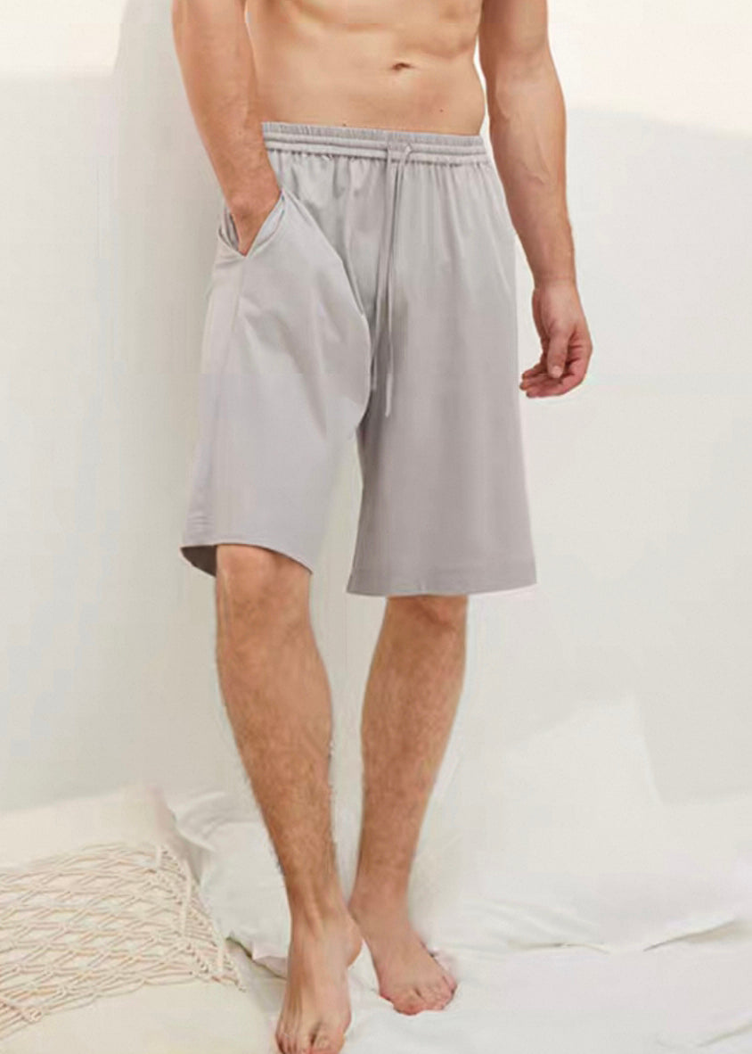 Simple Grey Pockets Elastic Waist Cotton Shorts Summer