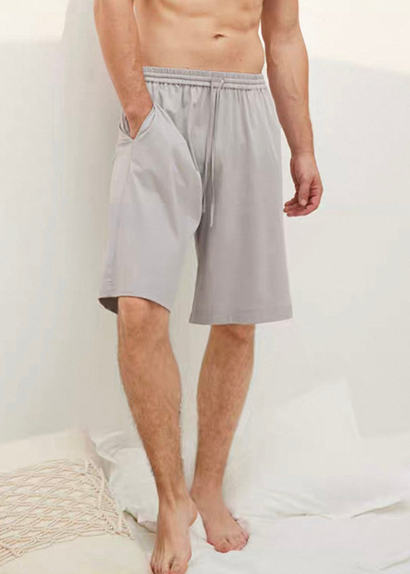 Simple Grey Pockets Elastic Waist Cotton Shorts Summer