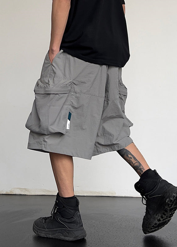 Simple Grey Pockets Drawstring Cotton Shorts Summer