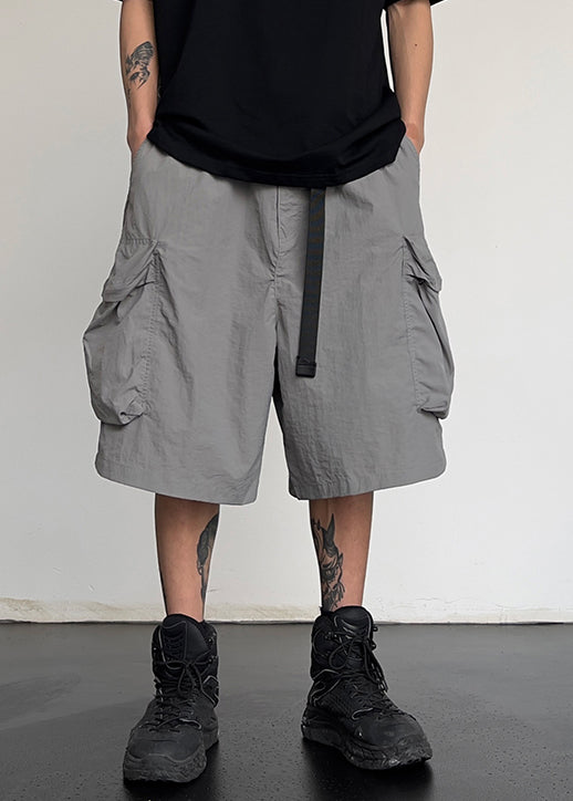 Simple Grey Pockets Drawstring Cotton Shorts Summer